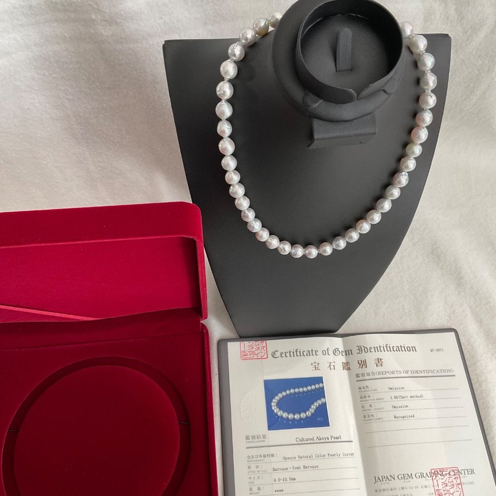 NWB 9.5-10mm A Akoya Genuine silver blue Baroque Pearl Necklace17inW/Certificate